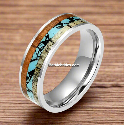 Men's 8mm Titanium Deer Antler Crushed Turquoise Comfort-Fit Wedding Band