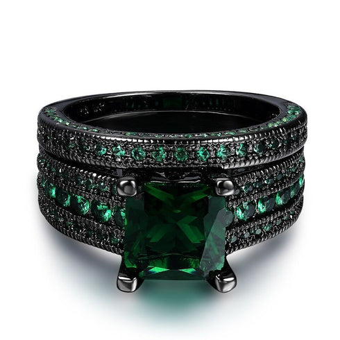 2 Pcs Princess Cut Green Black 18K Gold Plated Cubic Zirconia Women's Ring