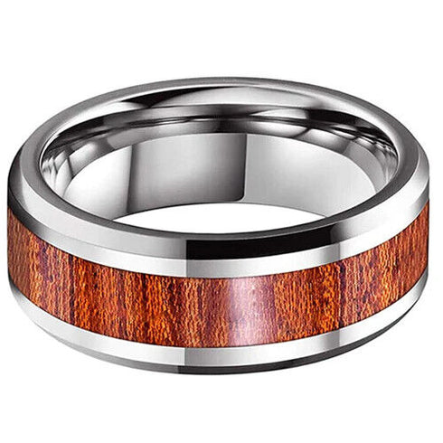 Men's 8mm Tungsten Ring Koa Wood Inlay Comfort-Fit Engagement Wedding Band
