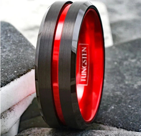 Men's 8mm Tungsten Brushed Black W/Red Grooved Center Comfort Fit Wedding Band