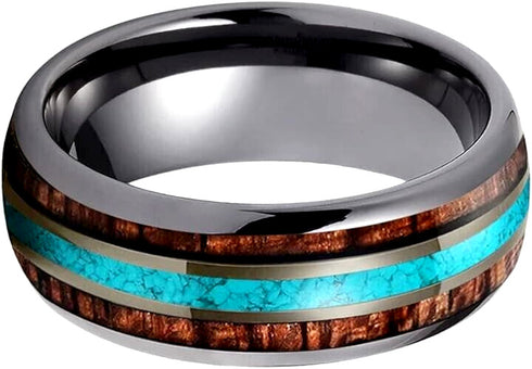 Men's 8mm Tungsten Carbide Crushed Turquoise Koa Wood Comfort-Fit Wedding Band
