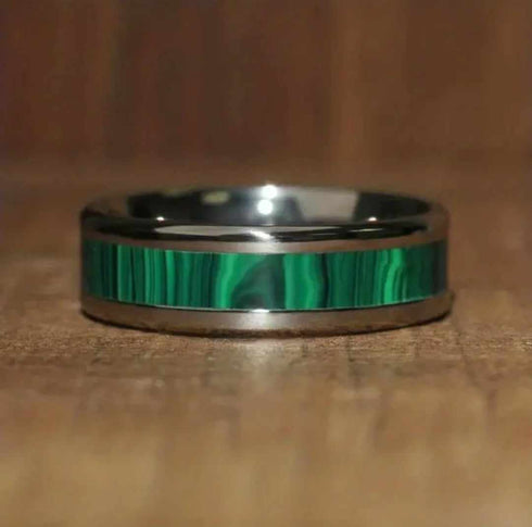 Men 8mm Tungsten Beveled Edge Comfort-Fit Fabricated Malachite Inlay Wedding Band
