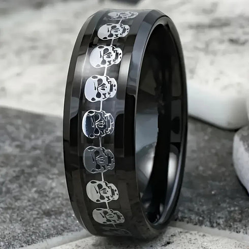 Men 8mm Titanium Black/Blue Laser Skull Carbon Fiber/Matte Black CZ Wedding Band