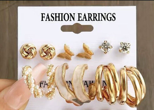 6 Pairs Golden Hoop & Stud Twist Triangle Butterfly C-Shape Earring W/Faux Pearl