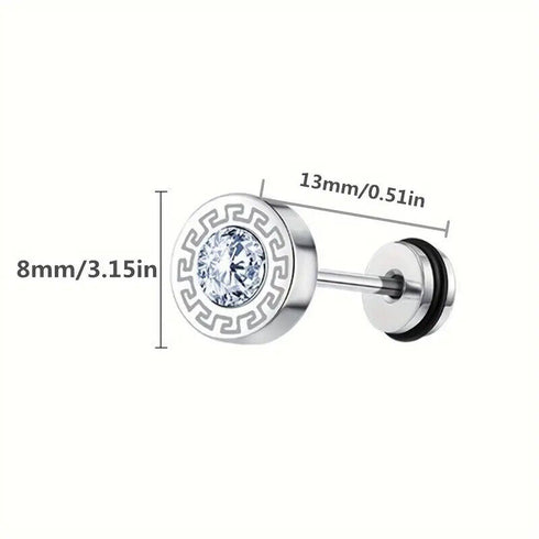 316L Surgical Steel Round Greek Pattern CZ Barbell Men & Women Stud Earrings