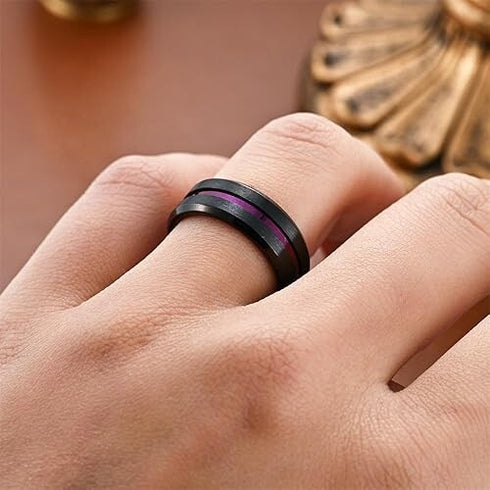 Men 8mm Tungsten Brushed Black Purple Grooved Center Beveled Edges Wedding Band