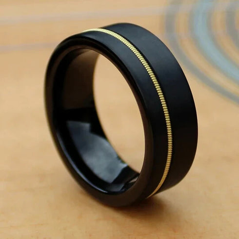 Men 8mm Black Brushed Tungsten Light Gold Guitar String Comfort-Fit Wedding Band