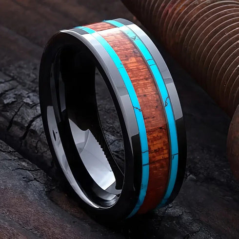 Men's 8mm Titanium Turquoise Wood Comfort-Fit Polished Carbon Fiber Wedding Band
