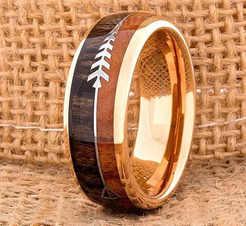 Men 8mm Tungsten Rose Gold Cupid's Arrow Koa Wood Inlay Comfort-Fit Wedding Band