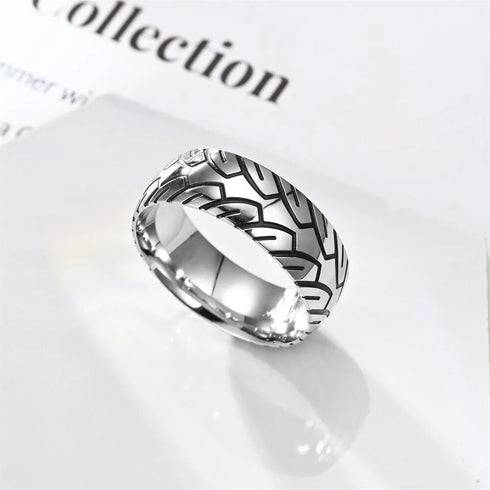 Men 8mm Titanium Motorcycle Tire Tread Pattern & Anodized Inlays Non-Fading Band