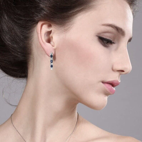 14K White Gold Plated Blue Round Cut Cubic Zirconia Men Women Hoop Earrings