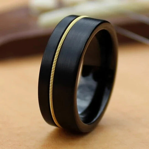 Men 8mm Black Brushed Tungsten Light Gold Guitar String Comfort-Fit Wedding Band
