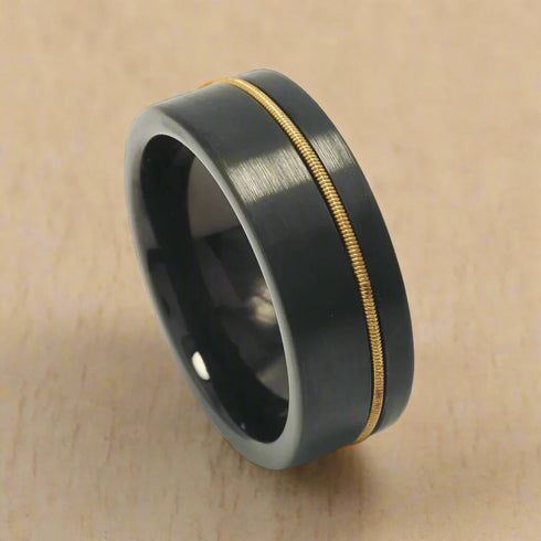 Men 8mm Black Brushed Tungsten Light Gold Guitar String Comfort-Fit Wedding Band