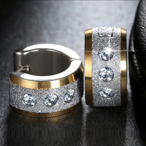 2Tone Titanium Frosted Wide Gold Silver CZ Hypoallergenic Men Women Hoop Earring