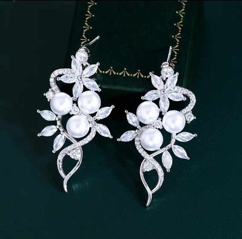 Stunning White Pearl 14K White Gold Plated Cubic Zirconia Women Earrings