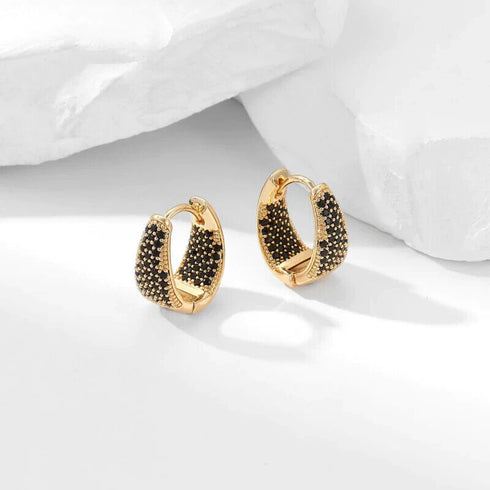 Exquisite Micro Pave 18K Gold Plated Black Cubic Zirconia Huggie Hoop Earrings