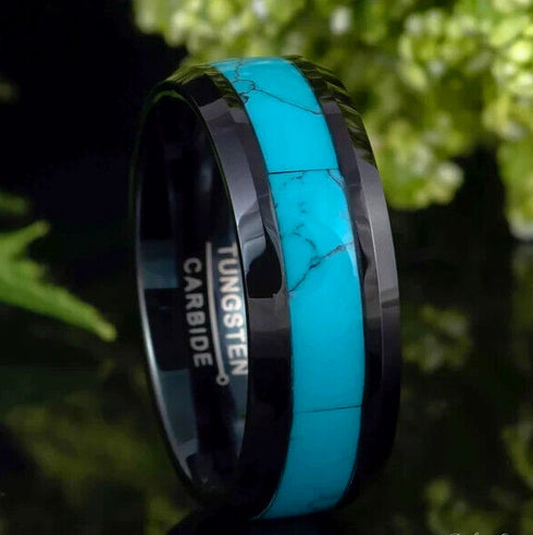 Men 8mm Tungsten Black Turquoise Beveled-Edge Comfort-Fit Polished Wedding Band