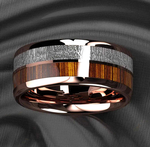 Men 8mm Tungsten Rose Gold Plated Silver &Koa Wood Inlay Engagement Wedding Band