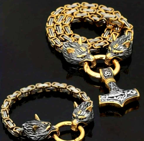 Titanium Norse Viking Twin Wolf W/Thor's Hammer 2-Tone Pendant Necklace