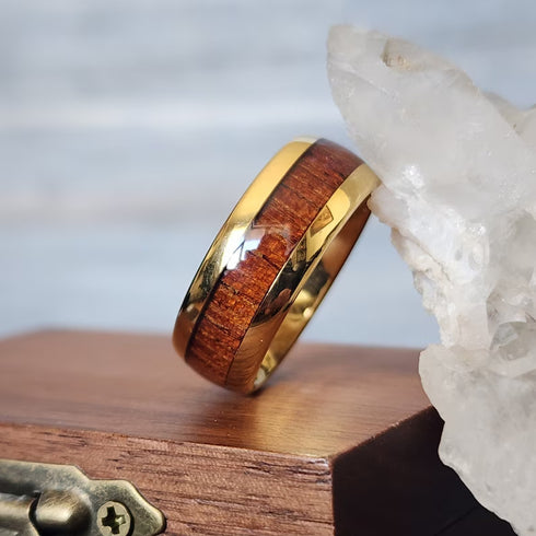 Men's 8mm Tungsten Yellow Gold Hawaii Koa Wood Comfort-Fit Polished Wedding Band