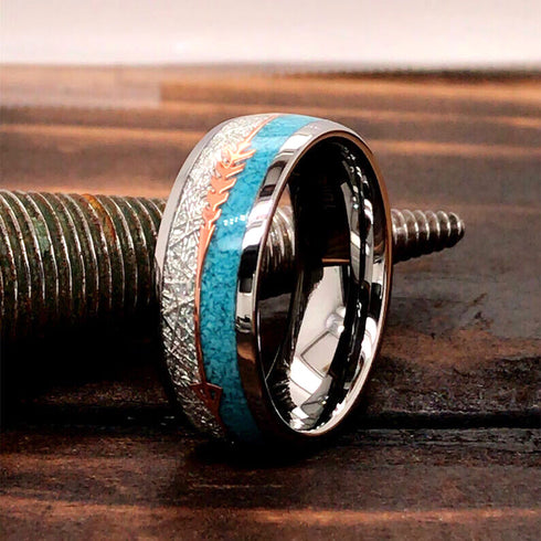 Men's 8mm Tungsten Cupid's Arrow Turquoise & Meteorite Inspired Wedding Band