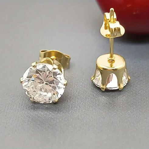 3Pairs Stunning 14k Gold Plated Solitaire Round Cubic Zirconia 6mm Stud Earrings