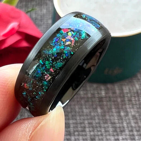 Men's 8mm Black Tungsten Celestial Galaxy Crushed Opal Comfort-Fit Wedding Band