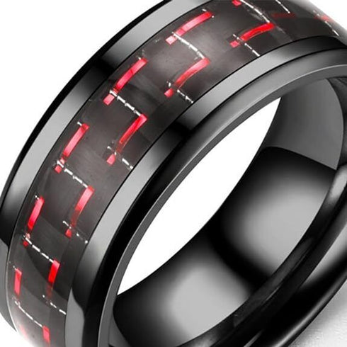 Men's 8mm Tungsten Ring Red Black Carbon Fiber Inlay Comfort-Fit Wedding Band