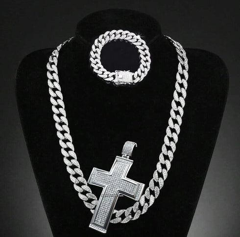 3-Pcs Iced 14K White Gold Plated CZ Large Cross Pendant with Cuban Necklace & Bracelet