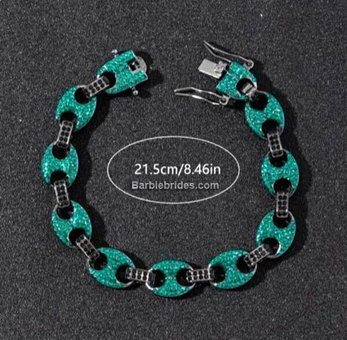 2-Pc FULLY ICED Round Cut Rhodium Plated Green Black CZ Necklace & Bracelet Set