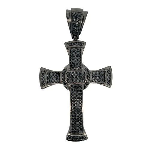 Rhodium Plated Iced Out Black CZ Cuban Chain Cross Pendant & Necklace