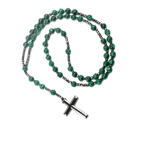 Green Malachite & Hematite Beaded Rosary Cross Pendant Necklace
