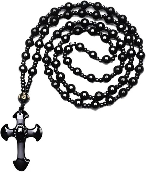 Good Luck Amulet Obsidian Cross Beaded Pendant Necklace