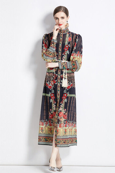 Gorgeous & Alluring Floral Print, Stand Collar, Long Lantern Sleeve Party, Festival, Wedding Guest Vintage Maxi Dress