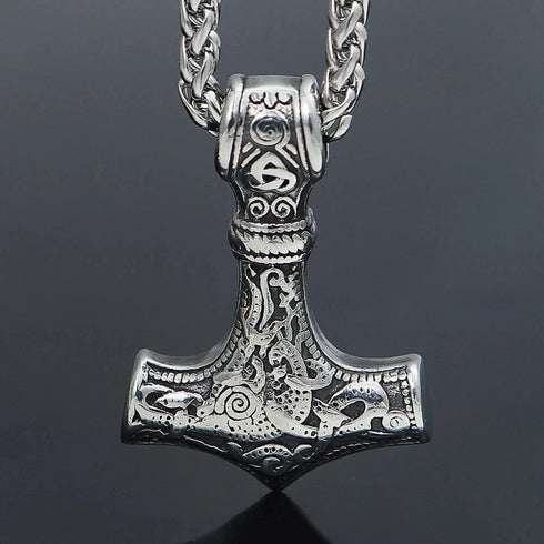 Nordic Viking Wolf Head Thor's Hammer Men Women Mjolnir Necklace & Bracelet Set