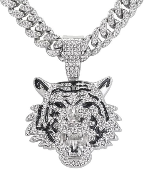 3 Pc Iced Out 14K Gold Plated CZ Tiger Head Pendant & Cuban Chain Necklace & Bracelet