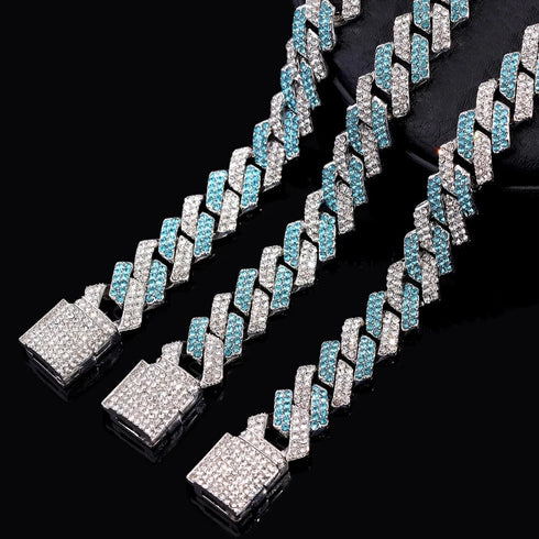 2Pc FULLY ICED 14K White Gold Plated CZ Miami Cuban Link Chain Necklace & Bracelet