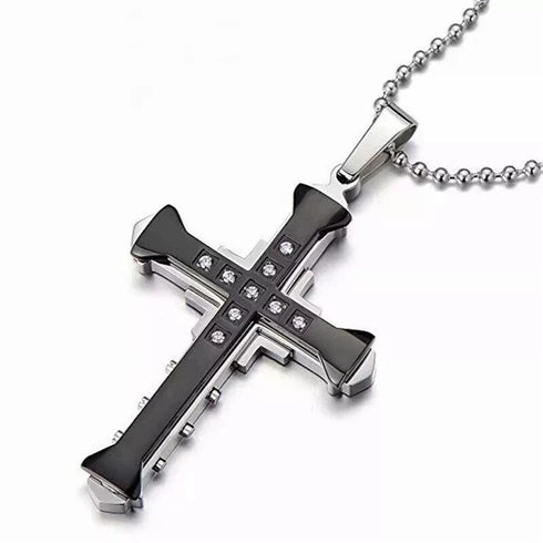 Titanium Stylish & Elegant Black/Gold Cubic Zirconia Cross Pendant Necklace