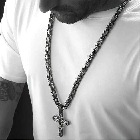 2Pc Men Creative Multi-Layer 2-Tone Cross Pendant with Byzantine Necklace & Bracelet