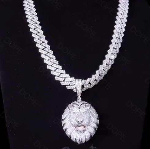 3-Pcs Iced Out 14K Gold Plated CZ Lion Head Pendant W/Cuban Necklace & Bracelet