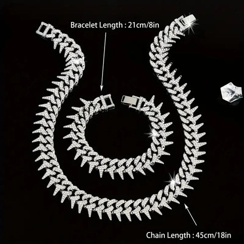 2 Pc FULLY ICED 14K White Gold Plated CZ Thorn Cuban Link Chain Necklace & Bracelet