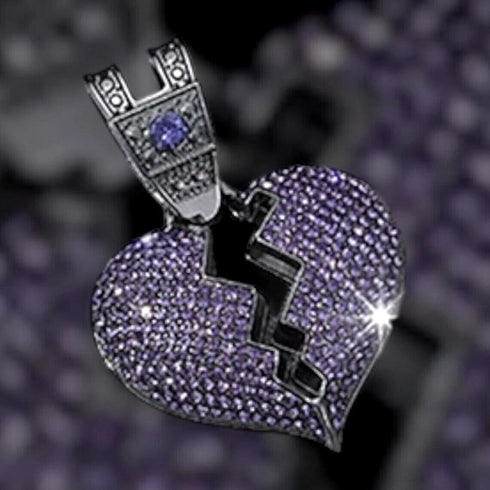 ICED OUT Broken Heart Rhodium Plated Purple Cubic Zirconia Cuban Chain Necklace