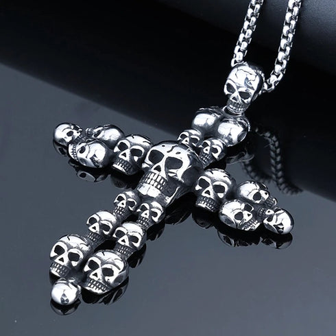 Vintage Cross Skull/Ghost 316L Stainless Steel Carved Halloween Pendant Necklace