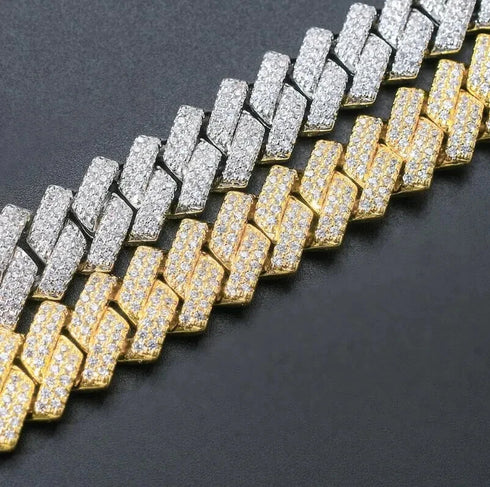 2-Pc ICED OUT 14K Gold Plated Gold/Silver CZ Cuban Chain Bracelet & Necklace Set