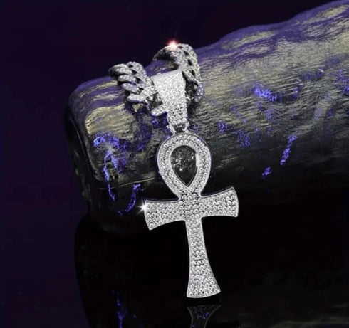 3-Pcs Iced 14K Gold Plated CZ Large Ankh Cross Pendant with Cuban Necklace & Bracelet