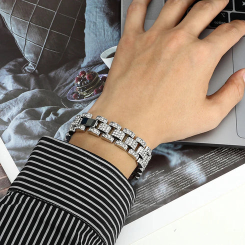 2Pc Men FULLY ICED Watch Band Baguette Chain 14KGold Plated CZ Necklace & Bracelet