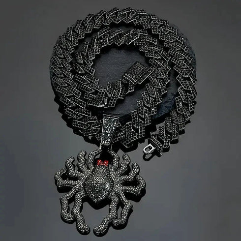 FULLY ICED Black Rhodium Plated Cubic Zirconia Spider Pendant & Cuban Necklace