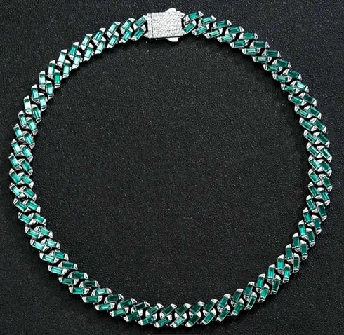 Green 18K White Gold Plated Baguette Cut CZ Men Women 13mm Cuban Chain Necklace