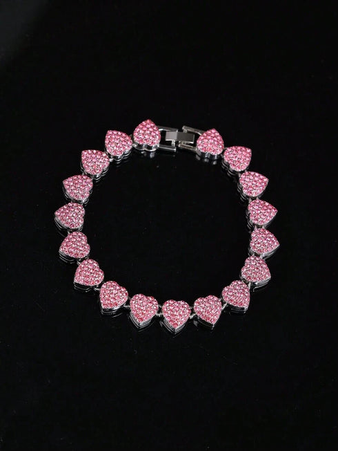 2-Pcs FULLY ICED 14K Gold Plated Heart Shape CZ Tennis Chain Necklace & Bracelet