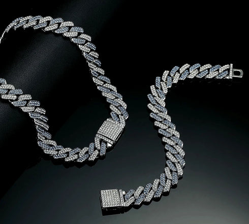 2 Pc Men Women FULLY ICED Rhombus Blue Cuban Link Chain 2Row CZ Necklace & Bracelet